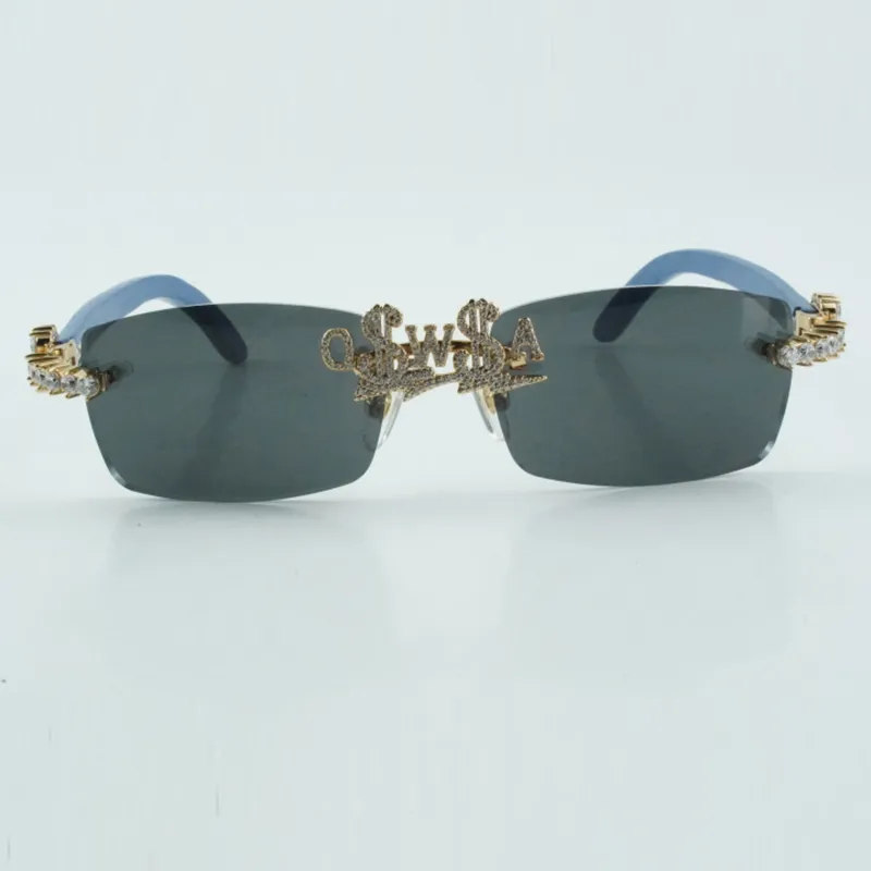 Customized nose bridge letter diamond sunglasses with natural blue wooden legs size 56-18-135 - Image 2