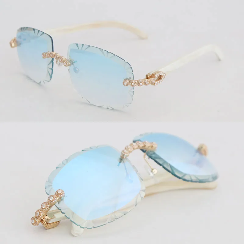 Luxury moissanite diamond set rimless sunglasses women original white genuine natural horn men glasses carved lens big stone vintage metal gold glasses - Image 3