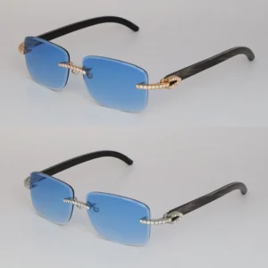 New model glasses handmade setting luxury moissanite diamond set rimles sunglasses for men & women original marbled black buffalo horn rimles diamond cut sun glasses
