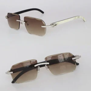New model luxury glasses moissanite diamond set rimles sunglasses for men and women original white inside black buffalo horn rimles diamond cut lens sunglasses size 58