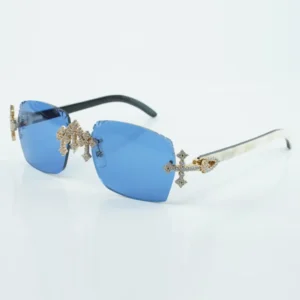 cross fully inlaid diamond  factory glasses sunglasses natural black mixed ox horn legs and 58mm cut lenses