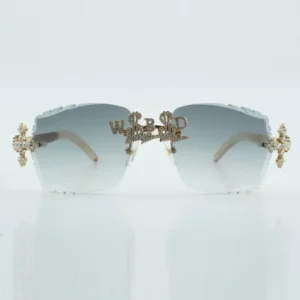 Custom text nose bridge cross diamond carved sunglasses with natural white water buffalo corner leg carved lens size 58-18-140mm