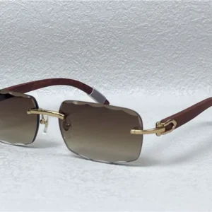 Fashion design sunglasses square cut lens rimless frame spring wooden temples classic simple style uv400 protection eyewear