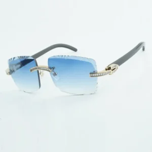 Rectangular diamond carved sunglasses with natural black buffalo horn legs and big 60mm lenses suitable for both men and women