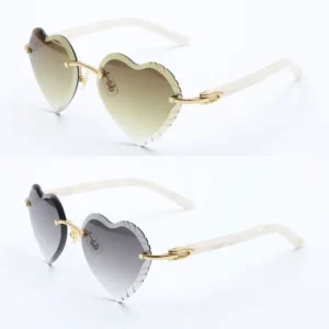 Diamond Cut Lens Rimless Sunglasses for Women – Gradient Adumbral Lenses | Marble White Plank Heart Design