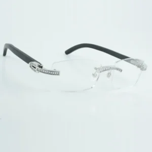 Square channel diamond eyeglasses frame wooden glasses equipped with natural black wooden legs and 56mm transparent lenses