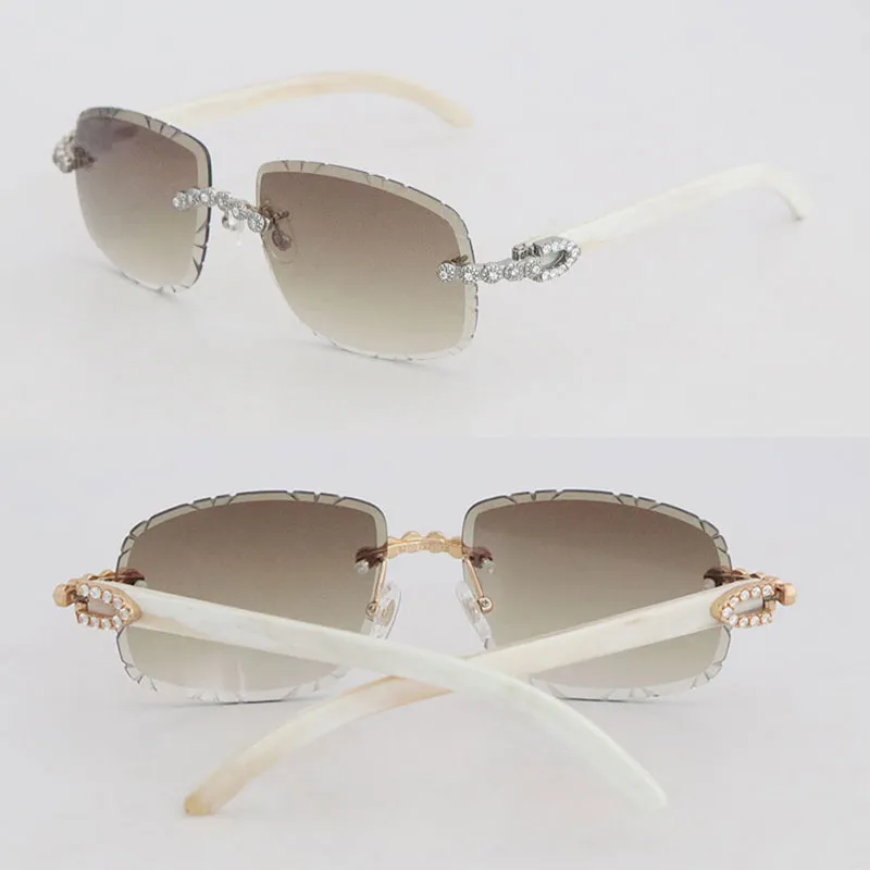 Luxury moissanite diamond set rimless sunglasses women original white genuine natural horn men glasses carved lens big stone vintage metal gold glasses - Image 9