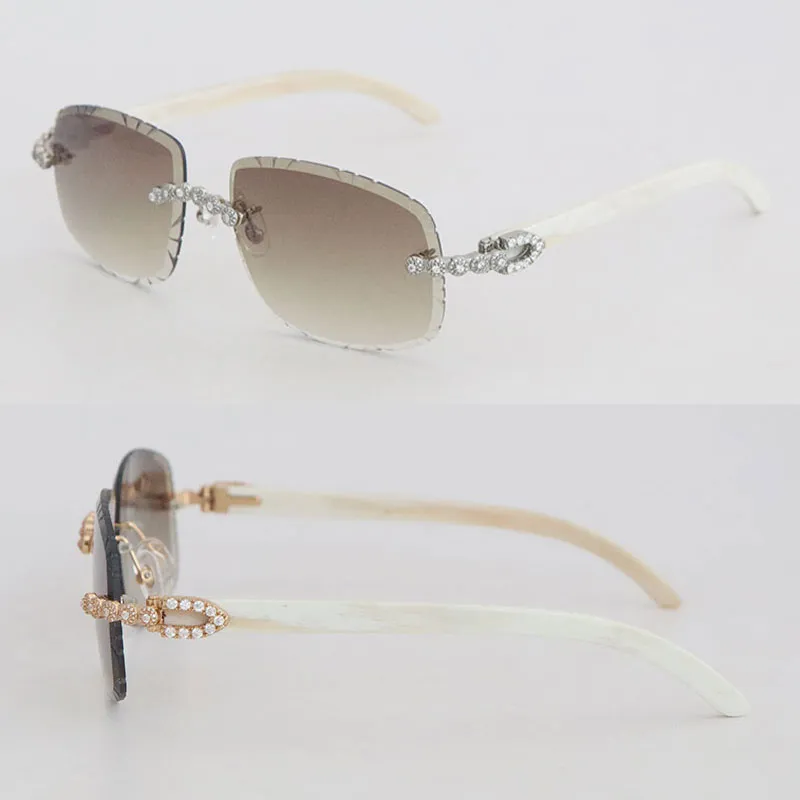 Luxury moissanite diamond set rimless sunglasses women original white genuine natural horn men glasses carved lens big stone vintage metal gold glasses - Image 2