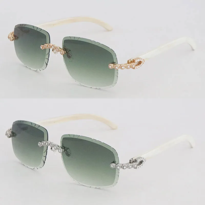 Luxury moissanite diamond set rimless sunglasses women original white genuine natural horn men glasses carved lens big stone vintage metal gold glasses - Image 5