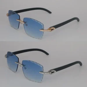 Black buffalo horn rimless sunglasses with moissanite diamond set 18k gold C decoration protection classic style for men and women