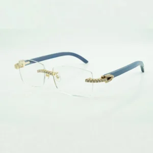 Moissanite stones endless diamond eyewear frame wood legs and 56 mm clear lenses