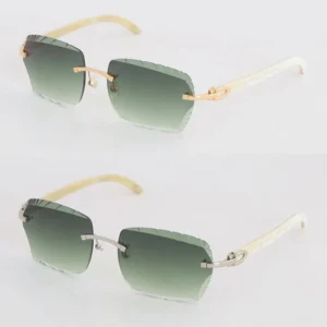 New designer model diamond cut rimless sunglasses women luxury white genuine natural horn sunglass women large square glasses 3.0 thickness lens size 60