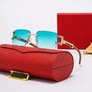 Fashion womens rimless optical frameless rectangle sunglasses classic luxury designer gold metal wooden legs unisex car cycling travel eyewear with boxes C2