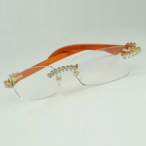 5.0 mm endless diamond glasses with natural orange wood legs and 56mm clear lenses