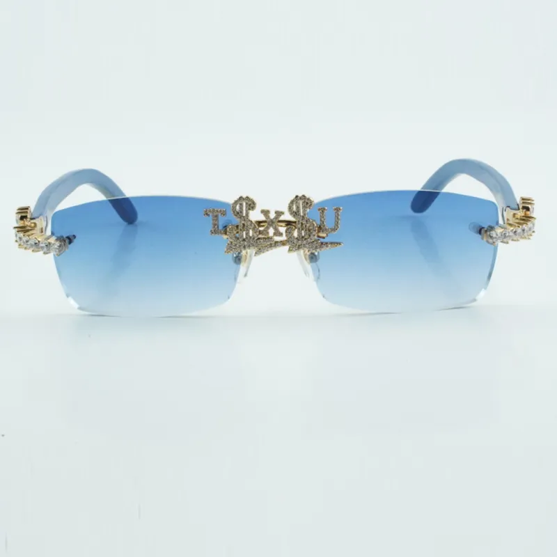 Customized nose bridge letter diamond sunglasses with natural blue wooden legs size 56-18-135 - Image 3