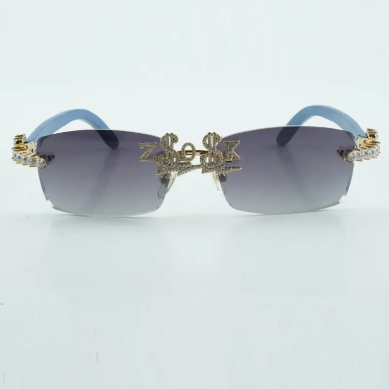 Customized nose bridge letter diamond sunglasses with natural blue wooden legs size 56-18-135 - Image 8