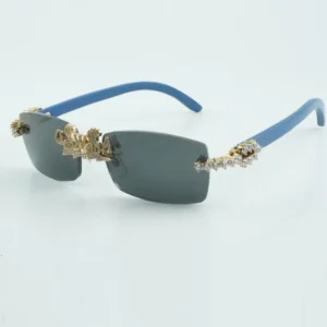 Customized nose bridge letter diamond sunglasses with natural blue wooden legs size 56-18-135