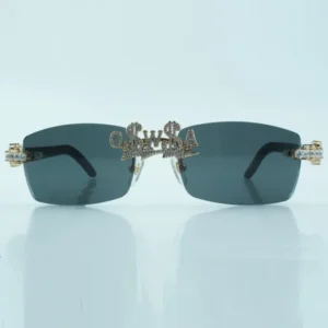Customize nose brise letter diamond sunglasses with natural black textured buffalo horn legs size 56-18-140mm