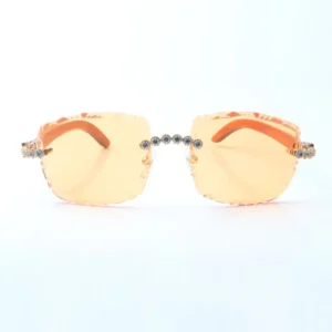 Designer blue bouquet diamond sunglasses with orang wooden temples and 58mm cut lenses thickness 3mm