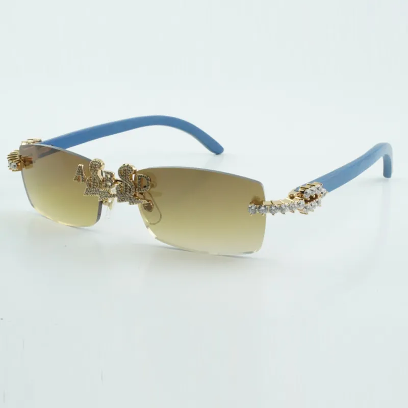 Customized nose bridge letter diamond sunglasses with natural blue wooden legs size 56-18-135 - Image 7