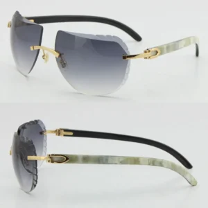 Design original white inside black buffalo horn vertical stripes sunglasses men diamond cut lens rimless sun glasses women 18k gold male and female frame size 62