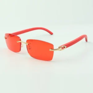 Plain sunglasses with red wooden sticks and 56mm lens for unsex
