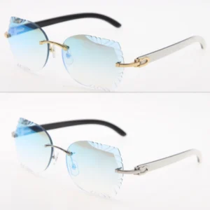 2024 Rimless carved mirror lens sunglasses white ,black buffalo horn frame fashion accessories unisex shades for men and women