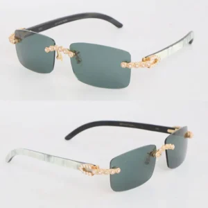 Model Hand-made Carats Diamond Set Rimless Sunglasses Womans White Inside Black Buffalo Horn Men Famous  Sun Glasses Male and Female 18K Gold Size 57