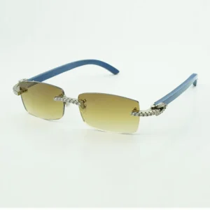 Moissanite stones endless Diamond eyewear frames wooden sunglasses with Natural blue wood Legs and 56mm Lenses