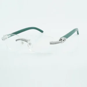 Square channel diamond eyeglass frame wooden glasses, equipped with natural green wooden legs and 56mm transparent lenses