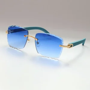 Brilliant color Metal Wood Sunglasses Diamond cut Lens Rimless Sunglasses Blue Wooden Stainless Glasses Large Square Glasses