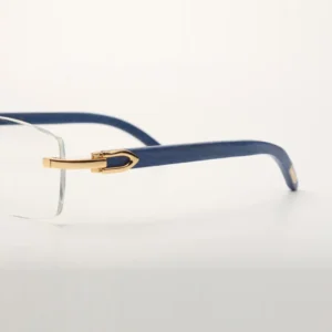 Sunglasses frames with blue wooden legs and 56 mm clear lens