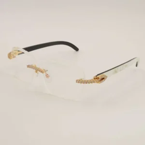 Unisex Diamond Cut Luxury Moissanite Rimless Sunglasses – Black Mix White Buffalo Horn