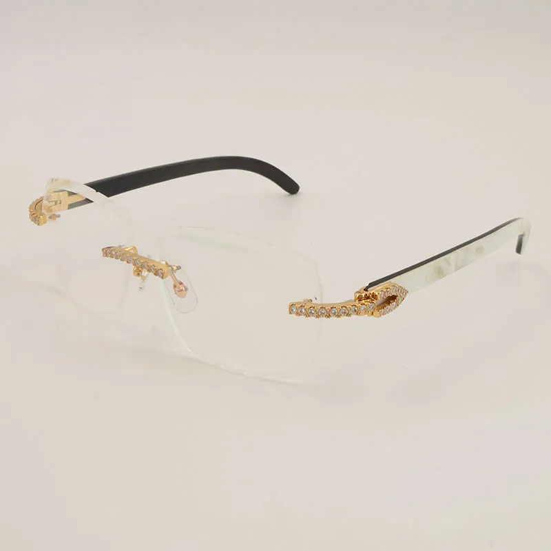 Unisex Diamond Cut Luxury Moissanite Rimless Sunglasses – Black Mix White Buffalo Horn